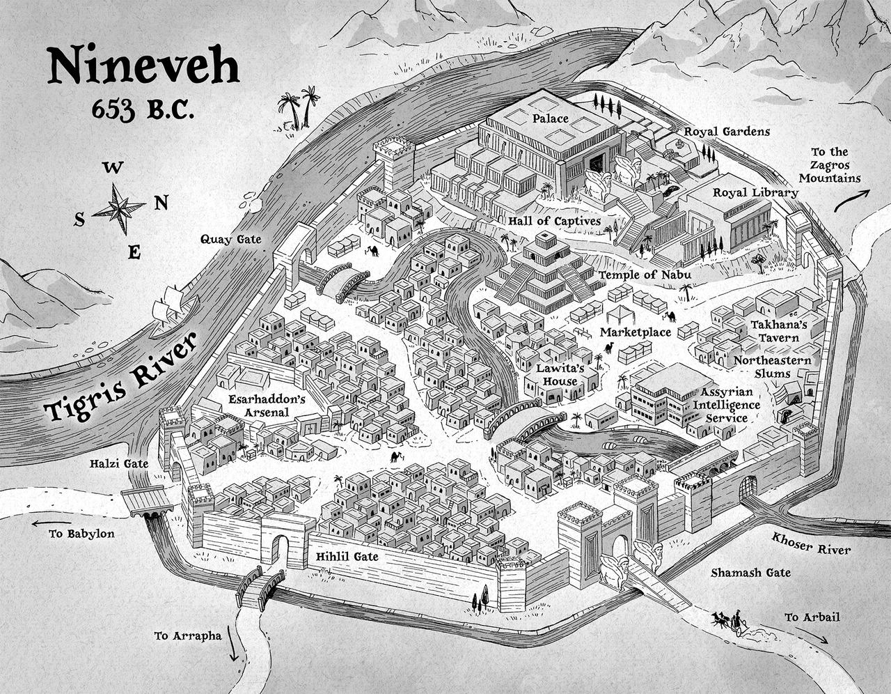 Hand-drawn aerial map of Nineveh in 653 BC showing the city walls, gates, the Khoser river, the palace and the Royal Library