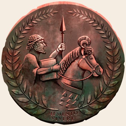 A bronze medallion showing a mounted man carrying a spear and a book, ringed by a laurel wreath, inscribed Memento Vivere