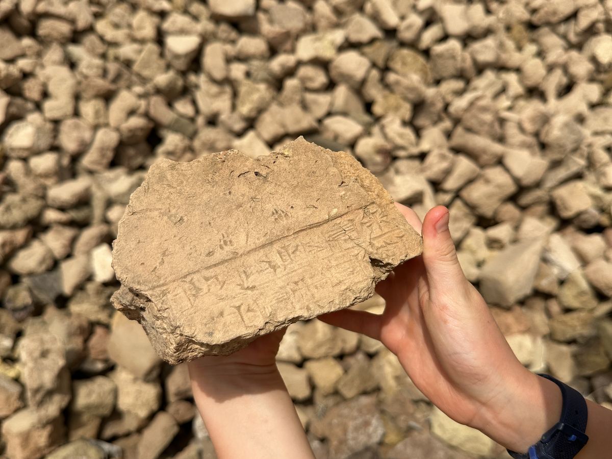A hand holding up a rock with cuneiform wedges on it, over a field of rubble at Borsippa